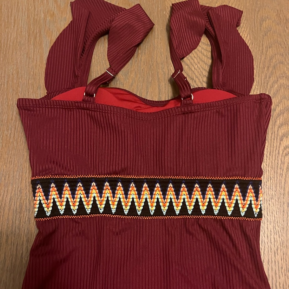 Burgundy Ribbed One Piece Swimsuit Ruffle Straps Geometric Embroidered Waist - Picture 4 of 7